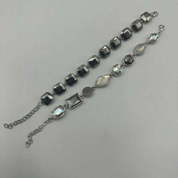 Lot of 2 Bracelets Silver Tone Faceted Rhinestone Link Adjustable Chain Clasp - Picture 2 of 10